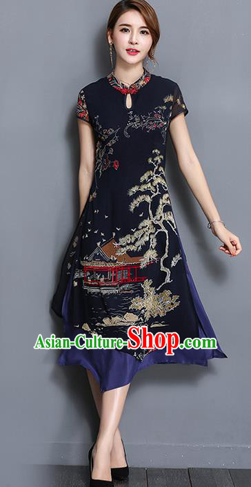 Traditional Ancient Chinese National Costume, Elegant Hanfu Mandarin Qipao Printing Navy Dress, China Tang Suit Chirpaur Republic of China Cheongsam Upper Outer Garment Elegant Dress Clothing for Women