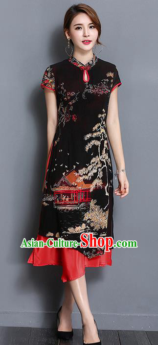 Traditional Ancient Chinese National Costume, Elegant Hanfu Mandarin Qipao Printing Black Dress, China Tang Suit Chirpaur Republic of China Cheongsam Upper Outer Garment Elegant Dress Clothing for Women