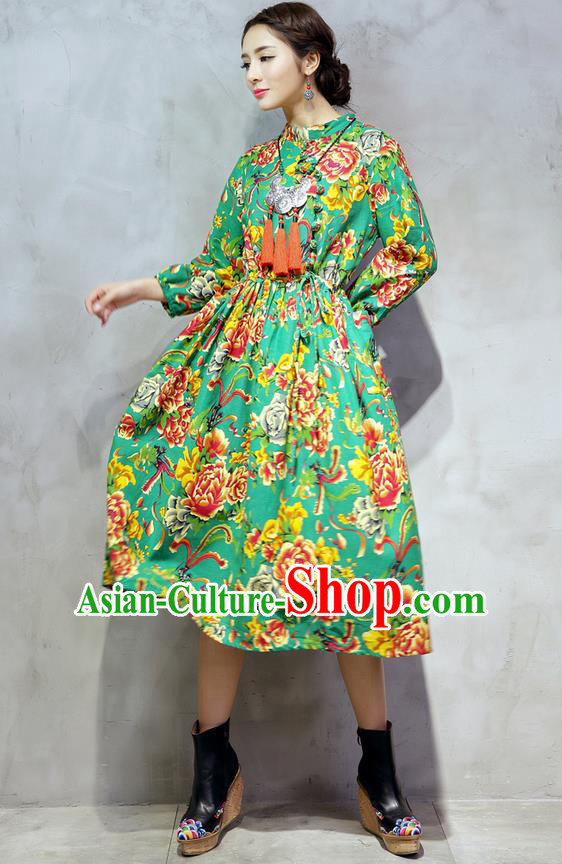 Traditional Chinese National Costume, Elegant Hanfu Northeast Big Flower Green Dress, China Tang Suit Cheongsam Upper Outer Garment Elegant Dress Clothing for Women