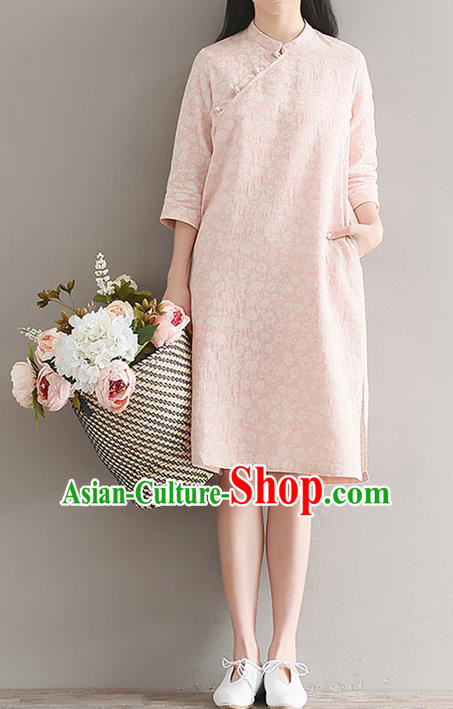 Traditional Ancient Chinese National Costume, Elegant Hanfu Mandarin Qipao Printing Short Pink Dress, China Tang Suit Chirpaur Republic of China Cheongsam Upper Outer Garment Elegant Dress Clothing for Women