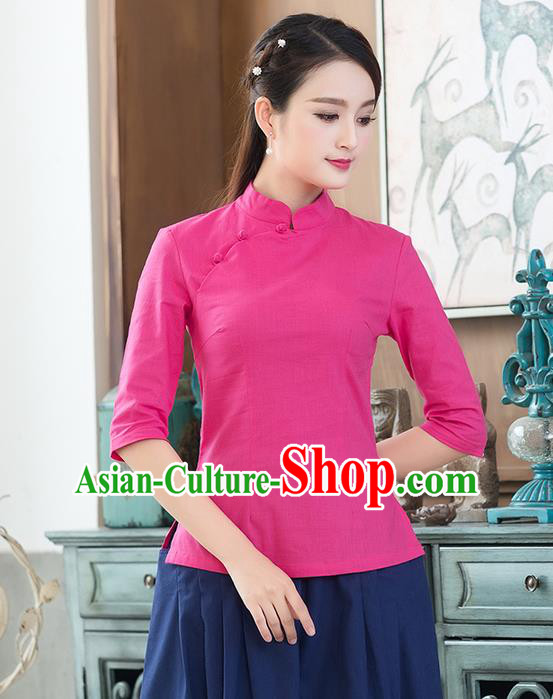 Traditional Chinese National Costume, Elegant Hanfu Linen Plated Buttons Stand Collar Pink Blouse, China Tang Suit Cheongsam Shirts Upper Outer Garment Elegant Blouses for Women