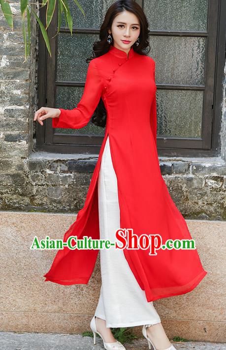 Traditional Ancient Chinese National Costume, Elegant Hanfu Mandarin Qipao Red Ao Dai High Split Cheongsam Dress, China Tang Suit Upper Outer Garment Elegant Dress Clothing for Women