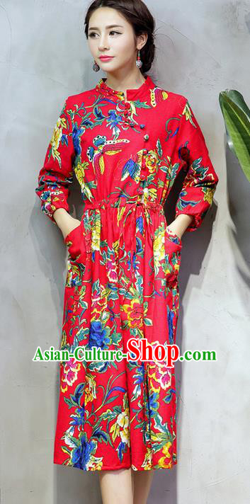 Traditional Chinese National Costume, Elegant Hanfu Northeast Big Flower Red Dress, China Tang Suit Cheongsam Upper Outer Garment Elegant Dress Clothing for Women