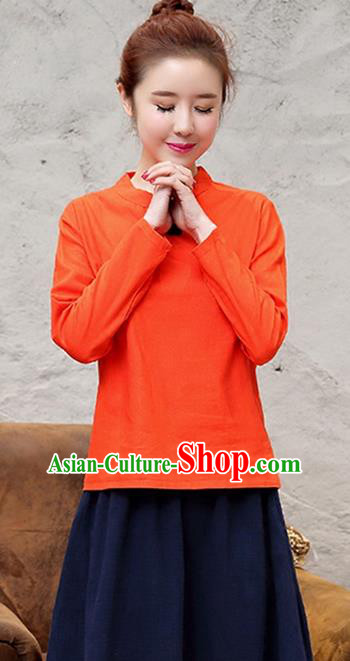 Traditional Chinese National Costume, Elegant Hanfu Stand Collar Orange T-Shirt, China Tang Suit Republic of China Plated Buttons Chirpaur Blouse Cheong-sam Upper Outer Garment Qipao Shirts Clothing for Women