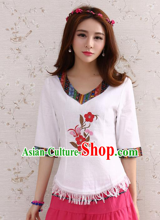 Traditional Chinese National Costume, Elegant Hanfu Embroidery Flowers T-Shirt, China Tang Suit Republic of China Plated Buttons Chirpaur Blouse Cheong-sam Upper Outer Garment Qipao Shirts Clothing for Women