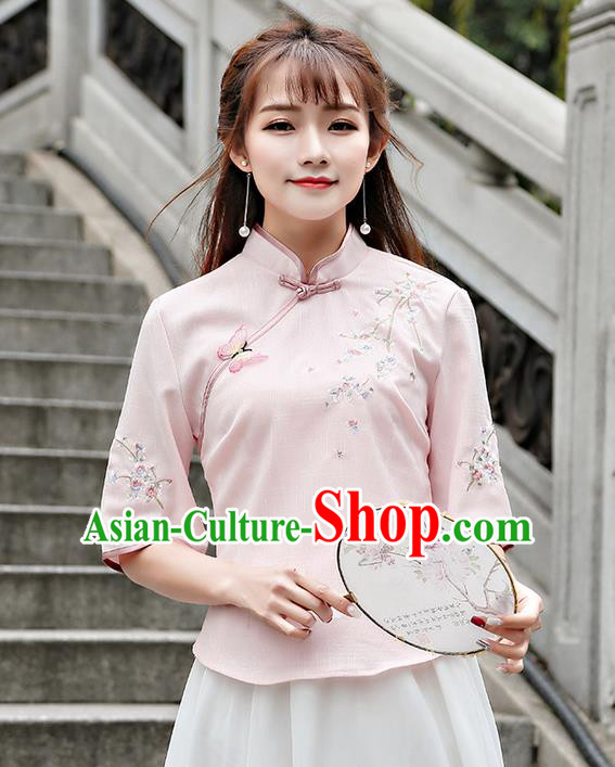 Traditional Chinese National Costume, Elegant Hanfu Embroidery Flowers Slant Opening Pink T-Shirt, China Tang Suit Republic of China Plated Buttons Chirpaur Blouse Cheong-sam Upper Outer Garment Qipao Shirts Clothing for Women