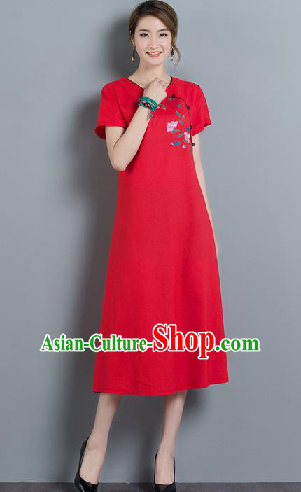 Traditional Ancient Chinese National Costume, Elegant Hanfu Qipao Embroidered Red Dress, China Tang Suit Cheongsam Upper Outer Garment Elegant Dress Clothing for Women