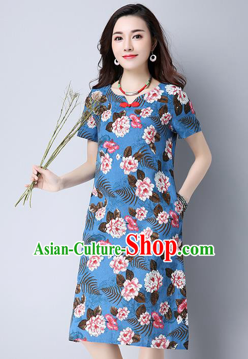 Traditional Ancient Chinese National Costume, Elegant Hanfu Qipao Printing Blue Dress, China Tang Suit Cheongsam Upper Outer Garment Elegant Dress Clothing for Women