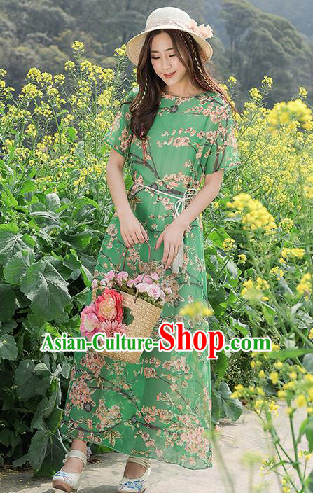 Traditional Ancient Chinese National Costume, Elegant Hanfu Qipao Printing Green Chiffon Dress, China Tang Suit Cheongsam Upper Outer Garment Elegant Dress Clothing for Women