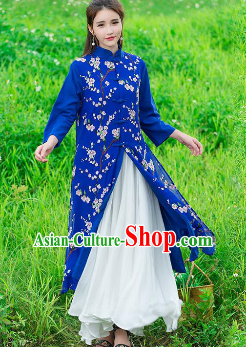 Traditional Ancient Chinese National Costume, Elegant Hanfu Stand Collar Embroidered Blue Double-deck Coat Robes, China Tang Suit Plated Buttons Cape, Upper Outer Garment Dust Coat Clothing for Women