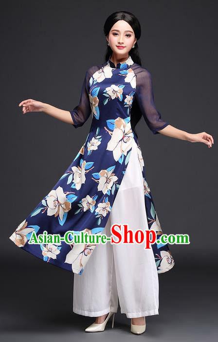 Traditional Ancient Chinese National Costume, Elegant Hanfu Mandarin Qipao Printing Blue Ao Dai Dress, China Tang Suit Chirpaur Republic of China Cheongsam Upper Outer Garment Elegant Dress Clothing for Women