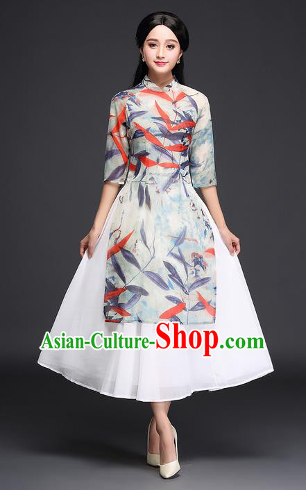 Traditional Ancient Chinese National Costume, Elegant Hanfu Mandarin Qipao Printing Ao Dai Dress, China Tang Suit Chirpaur Republic of China Cheongsam Upper Outer Garment Elegant Dress Clothing for Women