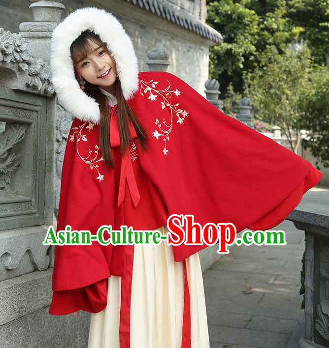 Traditional Chinese Ancient Ming Dynasty Princess Mantle Embroidered Hooded Cape for Women