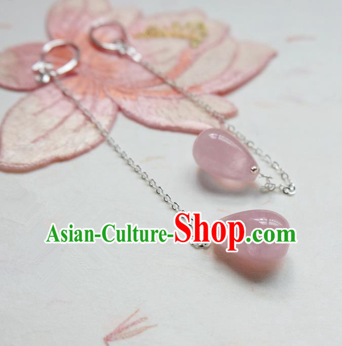 Traditional Handmade Chinese Ancient Classical Accessories, Chinese Eardrop Long Tassel Pink Jade Jewellery Earrings Hanfu Earbob for Women