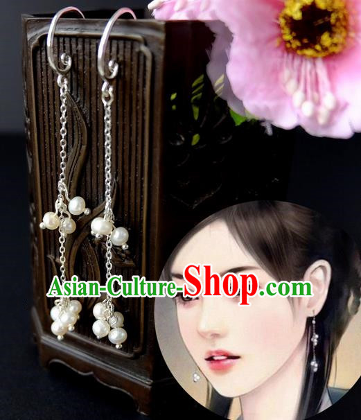 Traditional Handmade Chinese Ancient Classical Accessories, Chinese Eardrop Long Pearl Tassel Jewellery Earrings Hanfu Earbob for Women