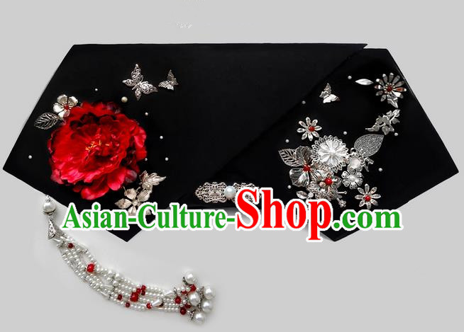 Traditional Ancient Chinese Hair Jewellery Accessories, Chinese Qing Dynasty Manchu Palace Lady Headwear Zhen Huan Big La fin Flowers Tassel Headpiece, Chinese Mandarin Imperial Concubine Flag Head Hat Decoration Accessories for Women