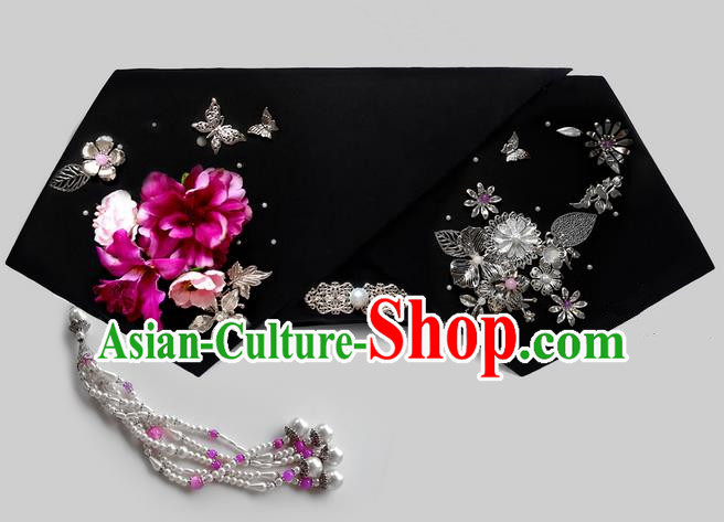 Traditional Ancient Chinese Hair Jewellery Accessories, Chinese Qing Dynasty Manchu Palace Lady Headwear Zhen Huan Big La fin Flowers Beads Tassel Headpiece, Chinese Mandarin Imperial Concubine Flag Head Hat Decoration Accessories for Women