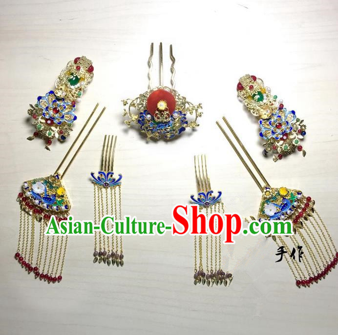 Traditional Handmade Chinese Ancient Classical Hair Accessories Bride Wedding Barrettes Hairpin Complete Set, Hanfu Princess Wedding Hair Sticks Hair Jewellery, Hair Fascinators Hairpins for Women