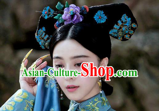 Traditional Ancient Chinese Imperial Consort Hair Accessories, Chinese Handmade Qing Dynasty Manchu Palace Lady Headwear and Wig Big La fin Headpiece, Chinese Mandarin Imperial Concubine Flag Head Hat Decoration Accessories for Women