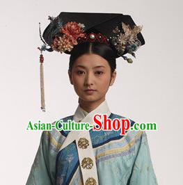 Traditional Ancient Chinese Imperial Consort Hair Jewellery Accessories, Chinese Qing Dynasty Manchu Palace Lady Headwear Zhen Huan Big La fin Headpiece, Chinese Mandarin Imperial Concubine Flag Head Hat Decoration Accessories for Women