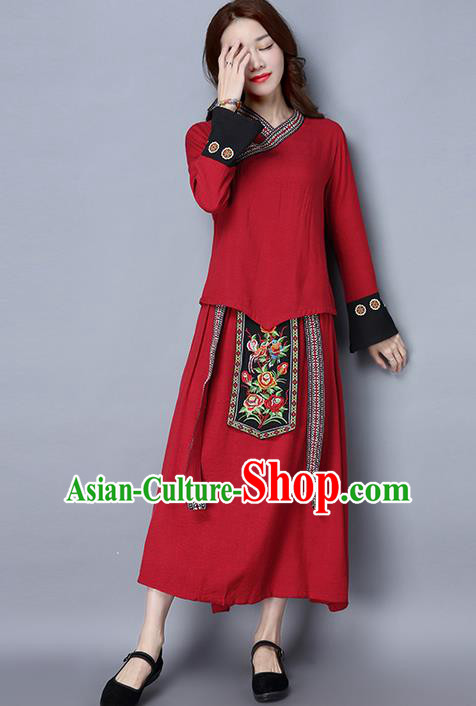 Traditional Ancient Chinese Costume, Elegant Hanfu Clothing Folk Dance Embroidered Red Slant Opening Blouse and Dress, China Tang Dynasty Princess Elegant Blouse and Skirt Complete Set for Women