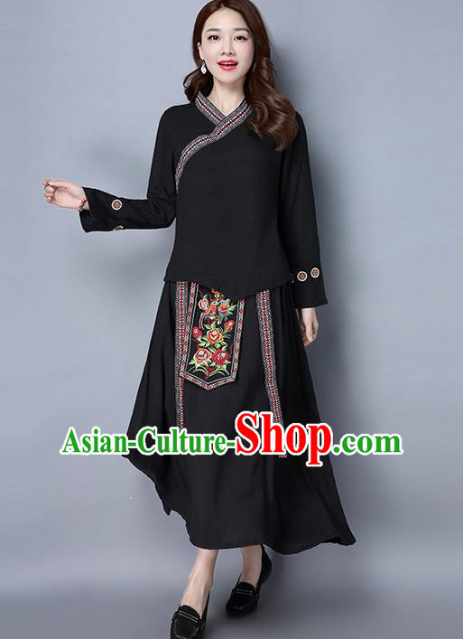 Traditional Ancient Chinese Costume, Elegant Hanfu Clothing Folk Dance Embroidered Black Slant Opening Blouse and Dress, China Tang Dynasty Princess Elegant Blouse and Skirt Complete Set for Women