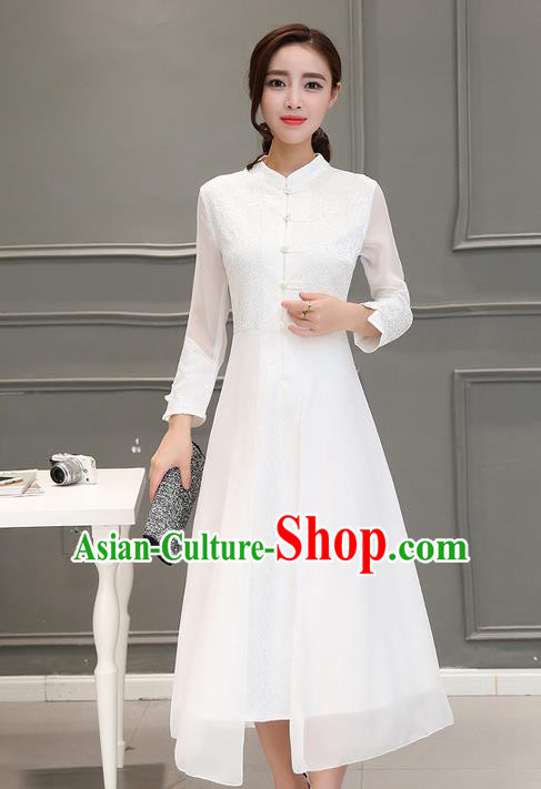 Traditional Ancient Chinese National Costume, Elegant Hanfu Embroidered Silk Front Opening White Dress, China Tang Suit Stand Collar Cheongsam Garment Elegant Dress Clothing for Women