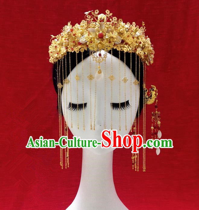 Traditional Handmade Chinese Ancient Classical Hair Accessories Bride Wedding Barrettes Phoenix Coronet Complete Set, Xiuhe Suit Hair Sticks Hair Jewellery, Hair Fascinators Hairpins for Women