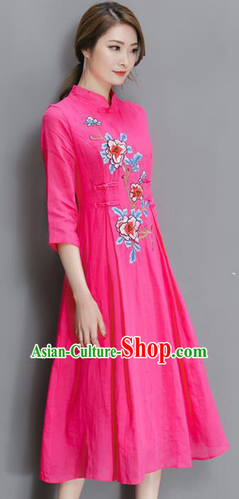 Traditional Chinese National Costume, Elegant Hanfu Mandarin Qipao Printing Peony Pink Plated Buttons Dress, China Tang Suit Stand Collar Cheongsam Upper Outer Garment Elegant Dress Clothing for Women