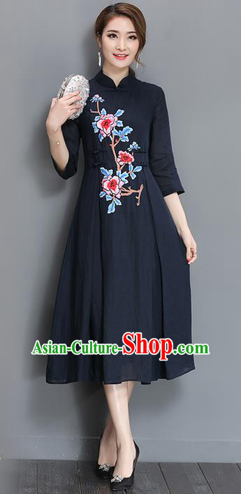 Traditional Chinese National Costume, Elegant Hanfu Mandarin Qipao Printing Peony Navy Plated Buttons Dress, China Tang Suit Stand Collar Cheongsam Upper Outer Garment Elegant Dress Clothing for Women