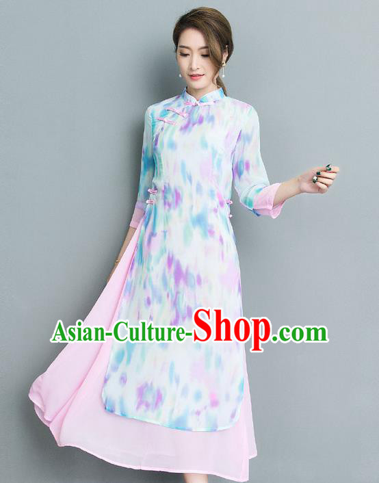 Traditional Ancient Chinese National Costume, Elegant Hanfu Mandarin Qipao Printing Stand Collar Big Swing White Dress, China Tang Suit Cheongsam Upper Outer Garment Elegant Dress Clothing for Women