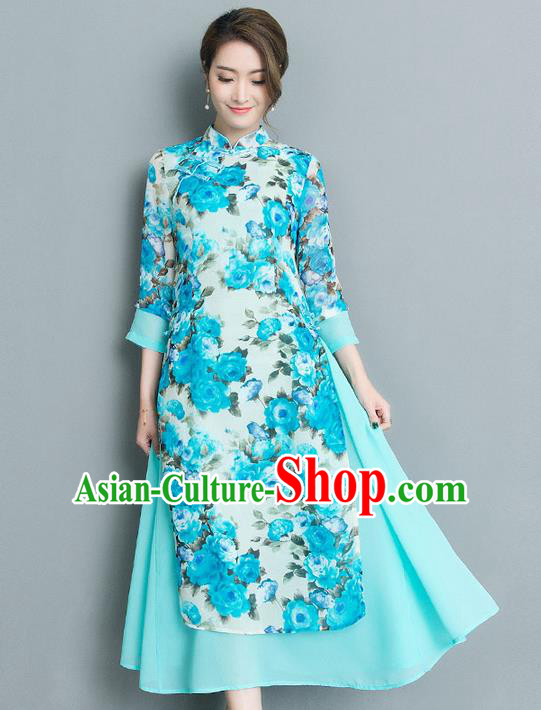 Traditional Ancient Chinese National Costume, Elegant Hanfu Mandarin Qipao Printing Stand Collar Big Swing Blue Dress, China Tang Suit Cheongsam Upper Outer Garment Elegant Dress Clothing for Women