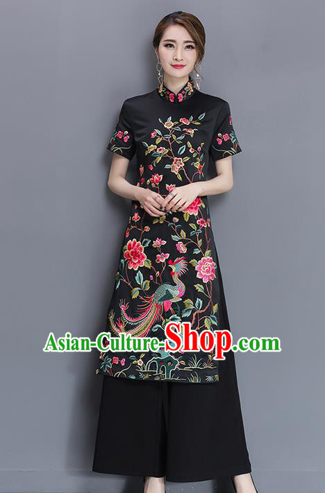 Traditional Ancient Chinese National Costume, Elegant Hanfu Mandarin Qipao Embroidered Black Dress and Loose Pants Complete Set, China Tang Suit Cheongsam Upper Outer Garment Elegant Dress Clothing for Women
