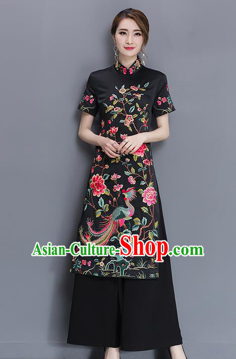 Traditional Ancient Chinese National Costume, Elegant Hanfu Mandarin Qipao Embroidered Black Dress and Loose Pants Complete Set, China Tang Suit Cheongsam Upper Outer Garment Elegant Dress Clothing for Women