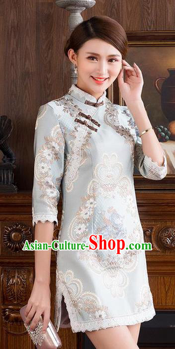 Traditional Ancient Chinese National Costume, Elegant Hanfu Mandarin Qipao Embroidery Stand Collar Dress, China Tang Suit Slant Opening Cheongsam Upper Outer Garment Elegant Dress Clothing for Women