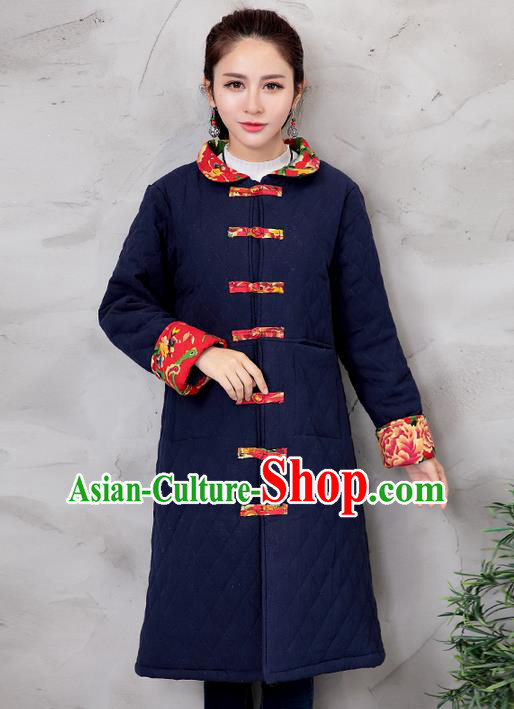 Traditional Ancient Chinese National Costume, Elegant Hanfu Turn-down Collar Navy Cotton Wadded Coat, China Tang Suit Plated Buttons Cape, Upper Outer Garment Dust Coat Clothing for Women