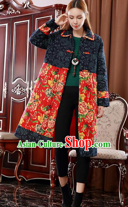 Traditional Ancient Chinese National Costume, Elegant Hanfu Turn-down Collar Red Cotton Wadded Coat, China Tang Suit Plated Buttons Cape, Upper Outer Garment Dust Coat Clothing for Women