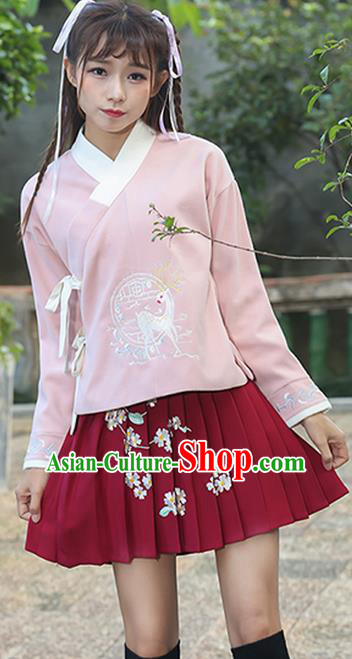 Traditional Chinese National Costume, Elegant Hanfu Embroidery Flowers Slant Opening Pink T-Shirt, China Tang Suit Chirpaur Blouse Cheong-sam Upper Outer Garment Qipao Shirts Clothing for Women