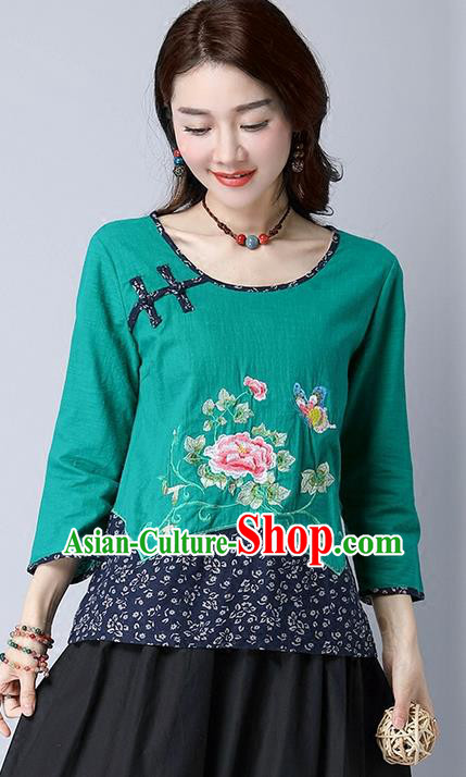 Traditional Chinese National Costume, Elegant Hanfu Embroidery Flowers Round Collar Green T-Shirt, China Tang Suit Plated Buttons Chirpaur Blouse Cheong-sam Upper Outer Garment Qipao Shirts Clothing for Women