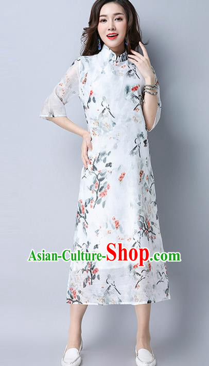 Traditional Ancient Chinese National Costume, Elegant Hanfu Mandarin Qipao Printing White Dress, China Tang Suit Cheongsam Upper Outer Garment Elegant Dress Clothing for Women
