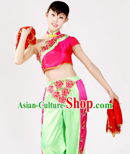 Traditional Chinese Yangge Fan Dancing Costume, Folk Dance Yangko Costume Drum Dance Clothing for Women