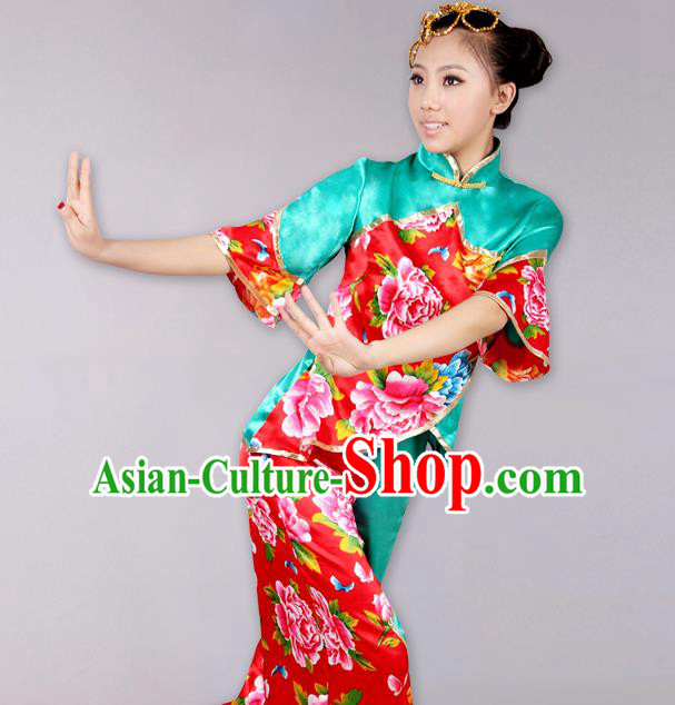 Traditional Chinese Yangge Fan Dancing Costume Complete Set, Folk Dance Yangko Costume Drum Dance Clothing for Women