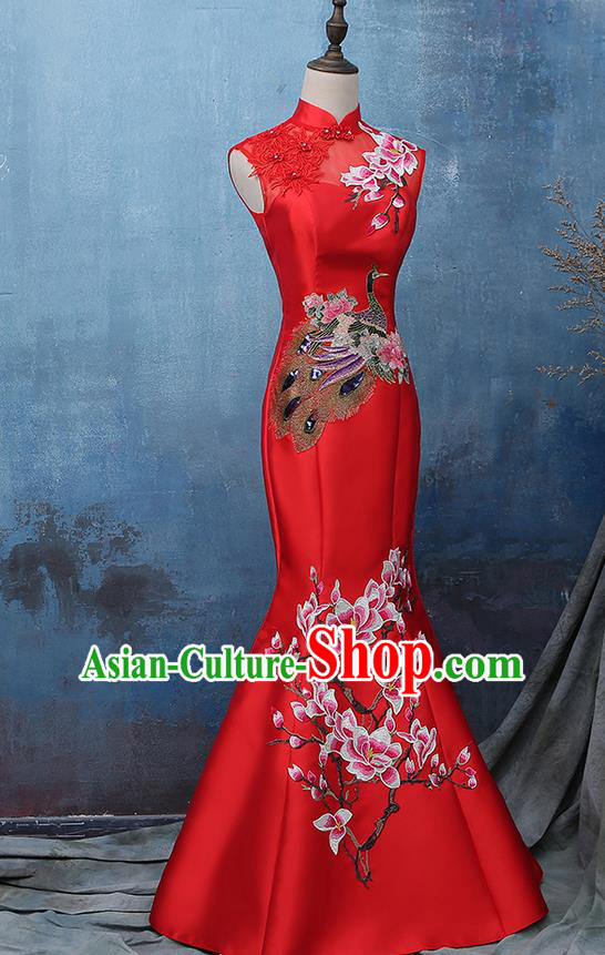 Traditional Ancient Chinese Costume, Chinese Style Wedding Full Dress Red Restoring Dragon and Phoenix Flown Bride Toast Cheongsam for Women