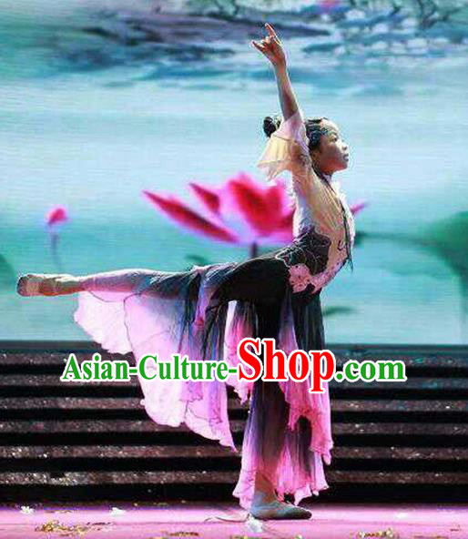 Traditional Chinese Ancient Children Dancing Costume, Tang Dynasty Classical Folk Dance Costume Lotus Dance Clothing for Kids