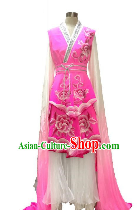 Traditional Chinese Ancient Peking Opera Long Water Sleeve Dancing True Silk Pink Costume, Classical Folk Dance Costume Drum Dance Clothing for Women