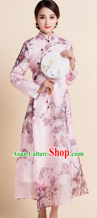 Traditional Ancient Chinese National Costume, Elegant Hanfu Mandarin Qipao Organza Printing Stand Collar Dress, China Tang Suit Chirpaur Republic of China Cheongsam Upper Outer Garment Elegant Dress Clothing for Women