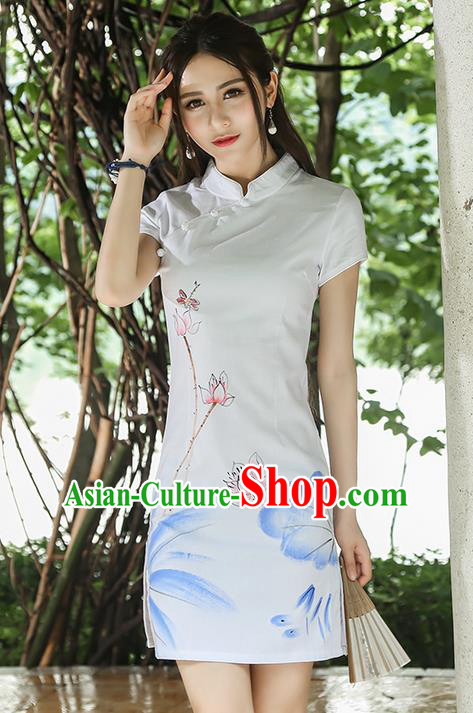 Traditional Ancient Chinese National Costume, Elegant Hanfu Qipao Linen Hand Painting Lotus Stand Collar White Dress, China Tang Suit Cheongsam Garment Elegant Dress Clothing for Women