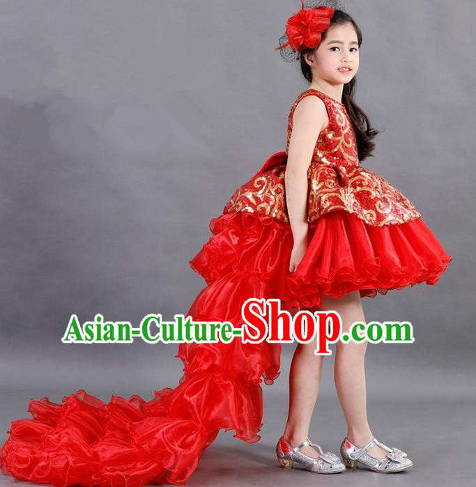 Traditional Chinese Modern Dancing Compere Costume, Children Opening Classic Chorus Singing Group Dance Paillette Uniforms, Modern Dance Classic Dance Red Trailing Dress for Girls Kids