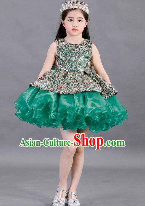 Traditional Chinese Modern Dancing Compere Costume, Children Opening Classic Chorus Singing Group Dance Paillette Uniforms, Modern Dance Classic Dance Green Bubble Dress for Girls Kids