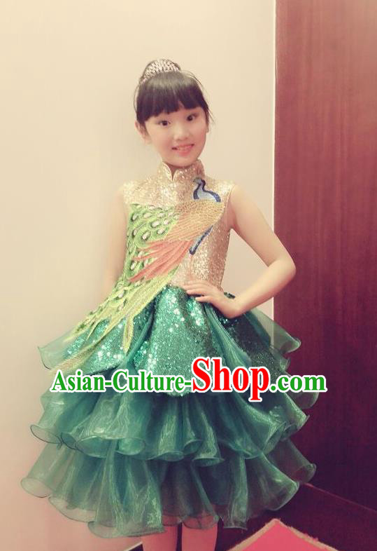 Traditional Chinese Modern Dancing Performance Costume, Children Opening Classic Chorus Singing Group Dance Phoenix Paillette Uniforms, Modern Dance Classic Dance Green Bubble Dress for Girls Kids